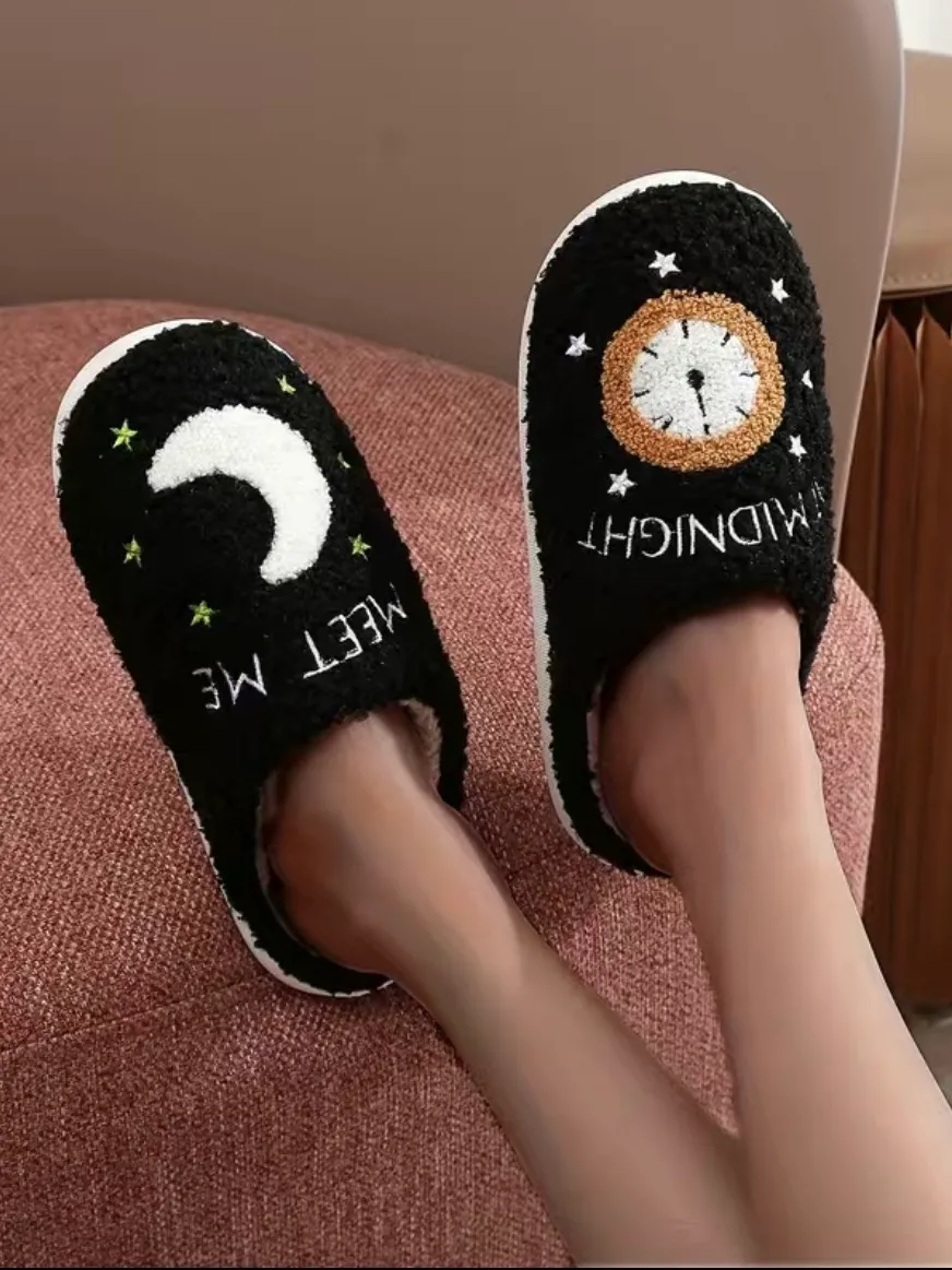 Moon and Clock Plush Slippers