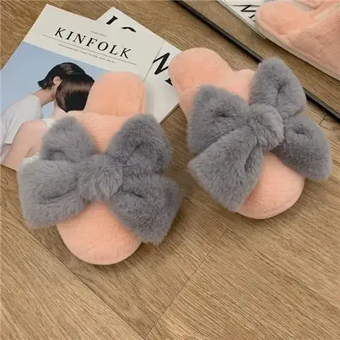 Mule Slippers with Plush Bow for Women