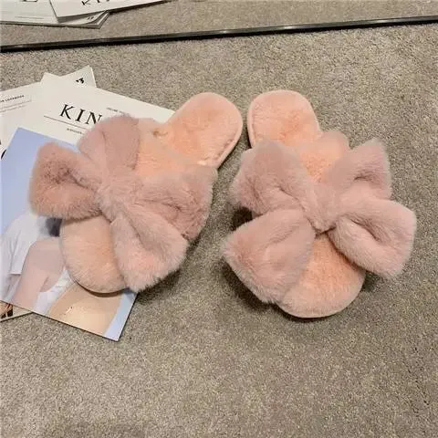 Mule Slippers with Plush Bow for Women