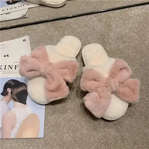 Mule Slippers with Plush Bow for Women